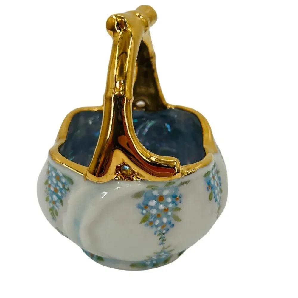 Vintage Hand Painted Blue Floral 24K Gold Small Porcelain/Ceramic Basket